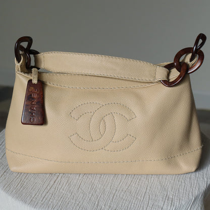 Chanel Vintage Beige Caviar Leather Coco Mark Hobo Shoulder Bag