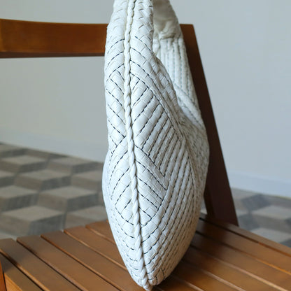 Bottega Veneta Vintage White Navy stitching Intrecciato Veneta Hobo Shoulder Bag