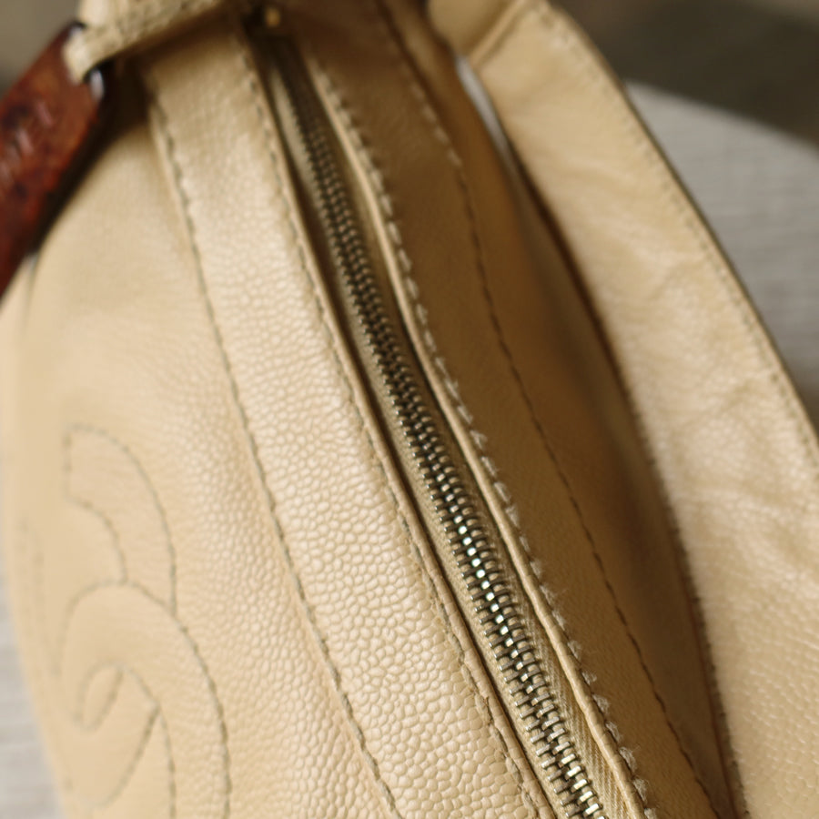 Chanel Vintage Beige Caviar Leather Coco Mark Hobo Shoulder Bag