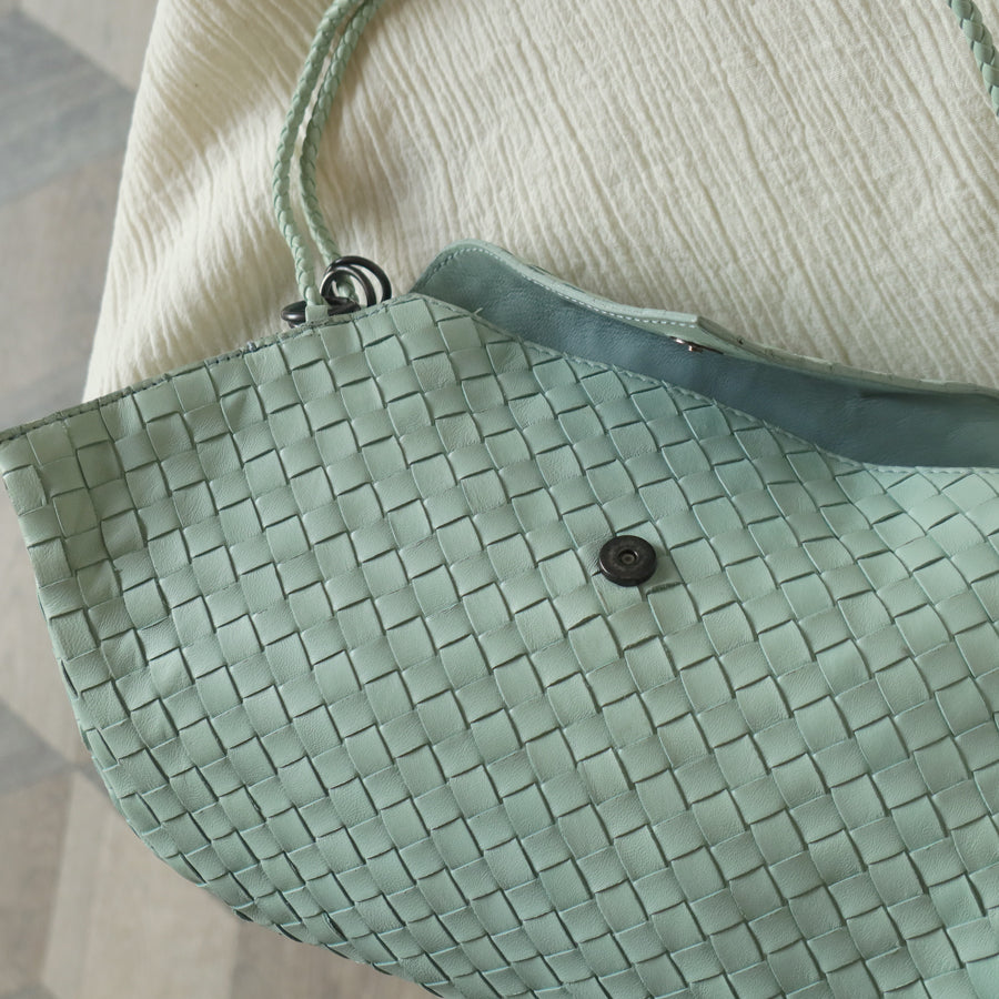 Bottega Veneta Vintage Light Turquoise Blue Intrecciato Origami Shoulder Flap Bag