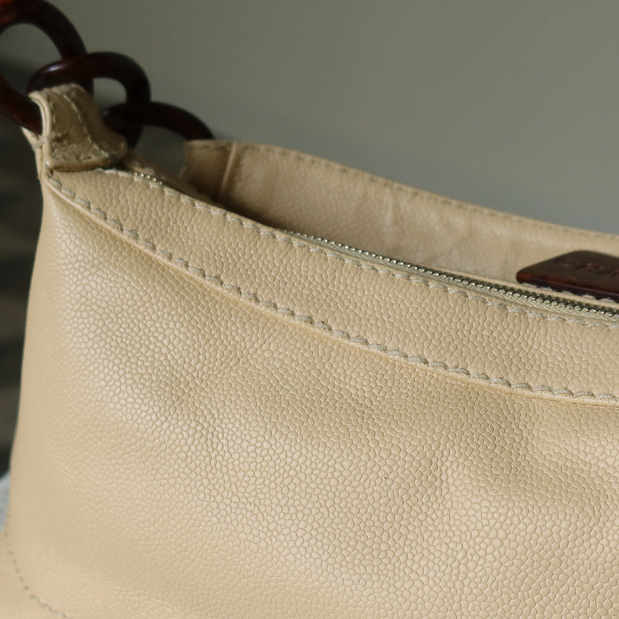 Chanel Vintage Beige Caviar Leather Coco Mark Hobo Shoulder Bag