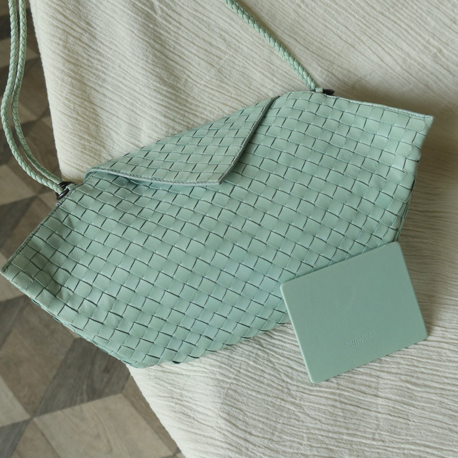 Bottega Veneta Vintage Light Turquoise Blue Intrecciato Origami Shoulder Flap Bag