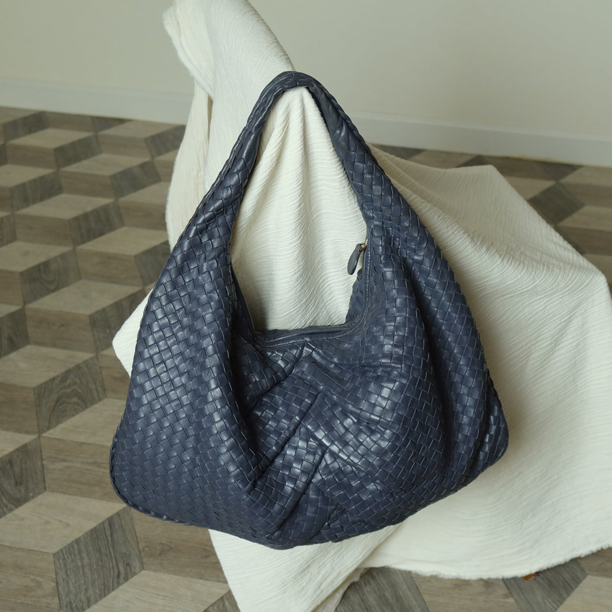 Bottega Veneta Vintage Dusty Blue Intrecciato Leather Veneta Hobo Shoulder Bag