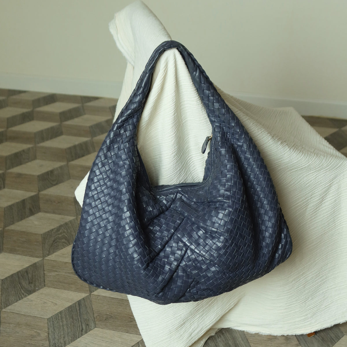 Bottega Veneta Vintage Dusty Blue Intrecciato Leather Veneta Hobo Shoulder Bag