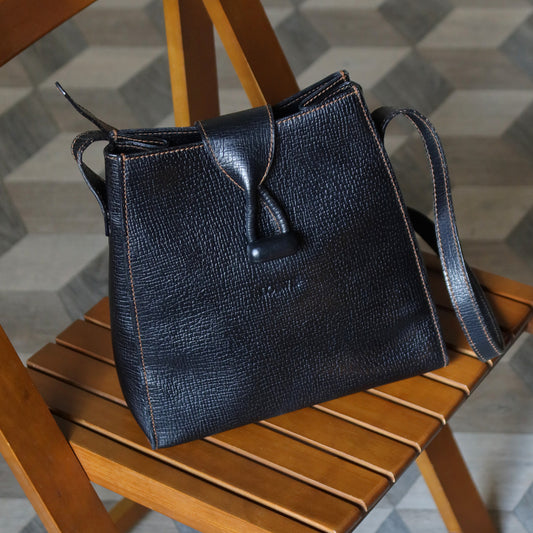 Loewe Vintage Black Grained Leather Twisted Knot Trapezoid Shoulder Flap Bag