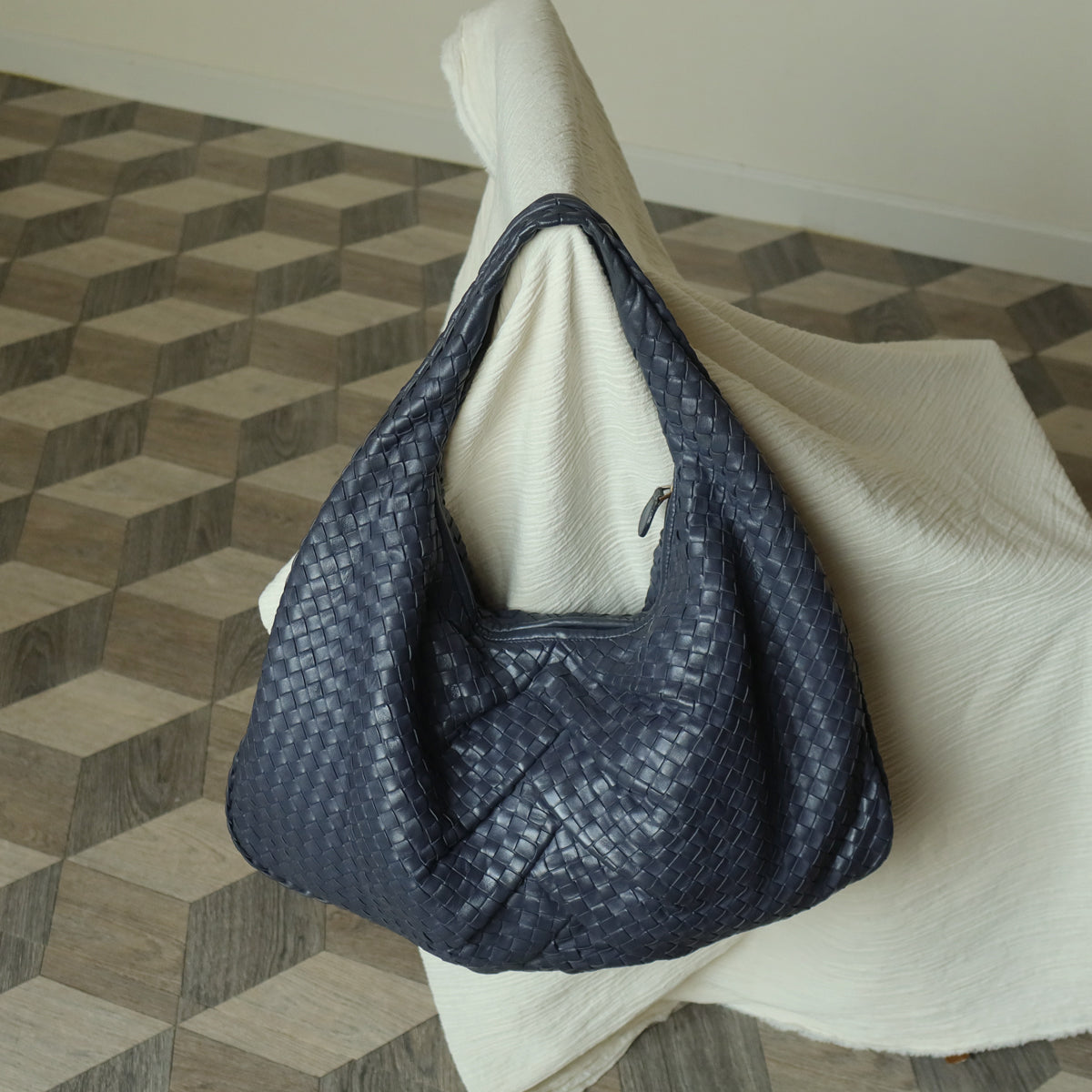 Bottega Veneta Vintage Dusty Blue Intrecciato Leather Veneta Hobo Shoulder Bag