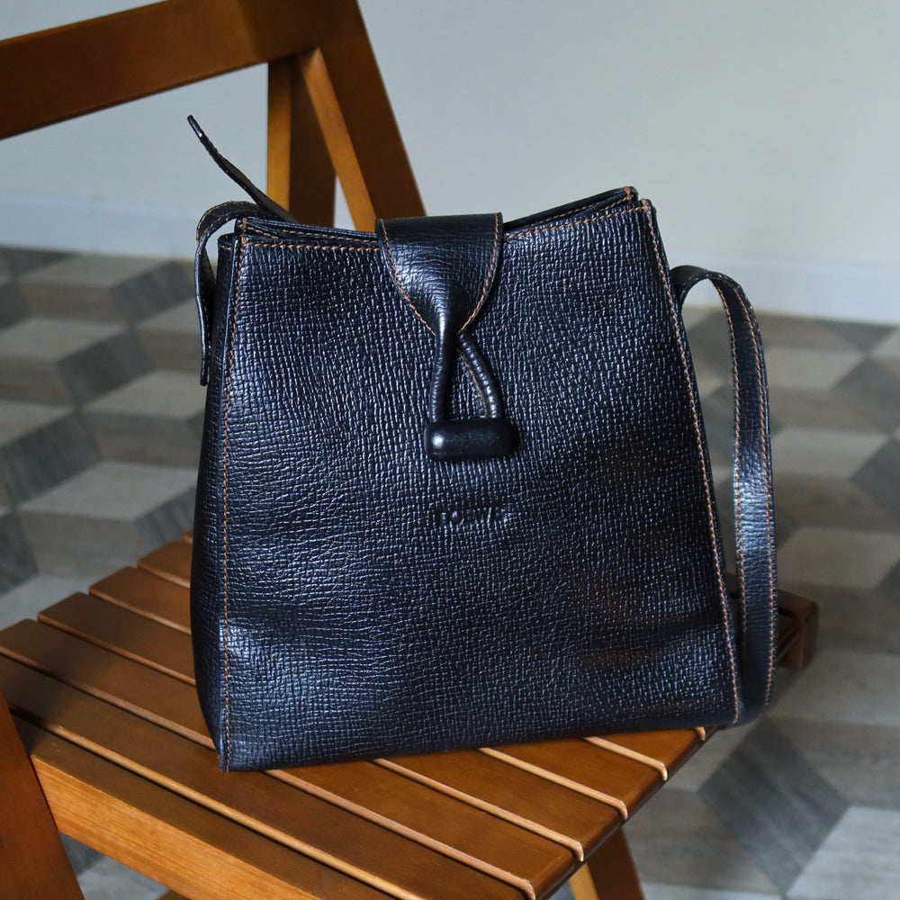 Loewe Vintage Black Grained Leather Twisted Knot Trapezoid Shoulder Flap Bag