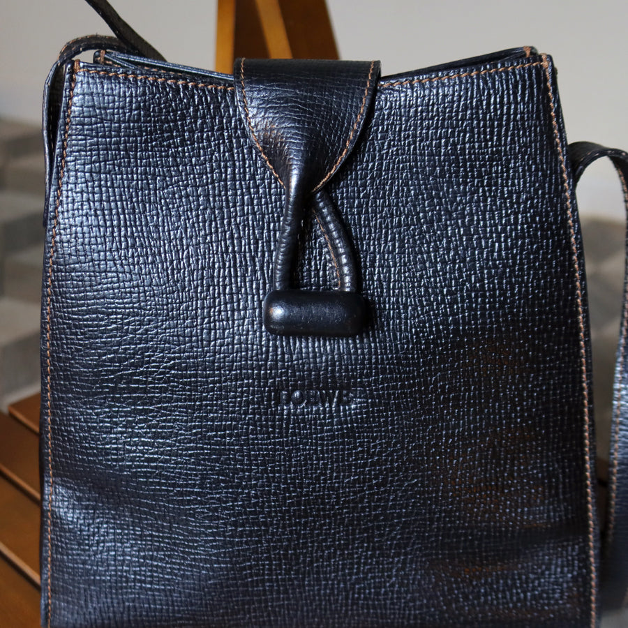Loewe Vintage Black Grained Leather Twisted Knot Trapezoid Shoulder Flap Bag