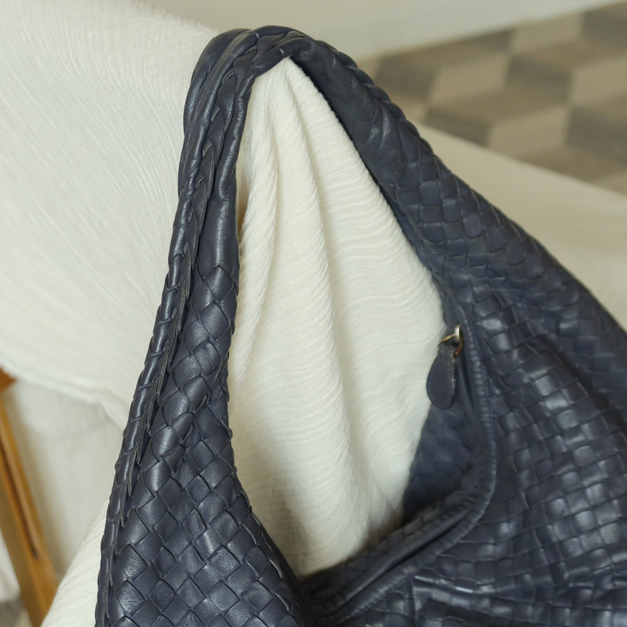 Bottega Veneta Vintage Dusty Blue Intrecciato Leather Veneta Hobo Shoulder Bag