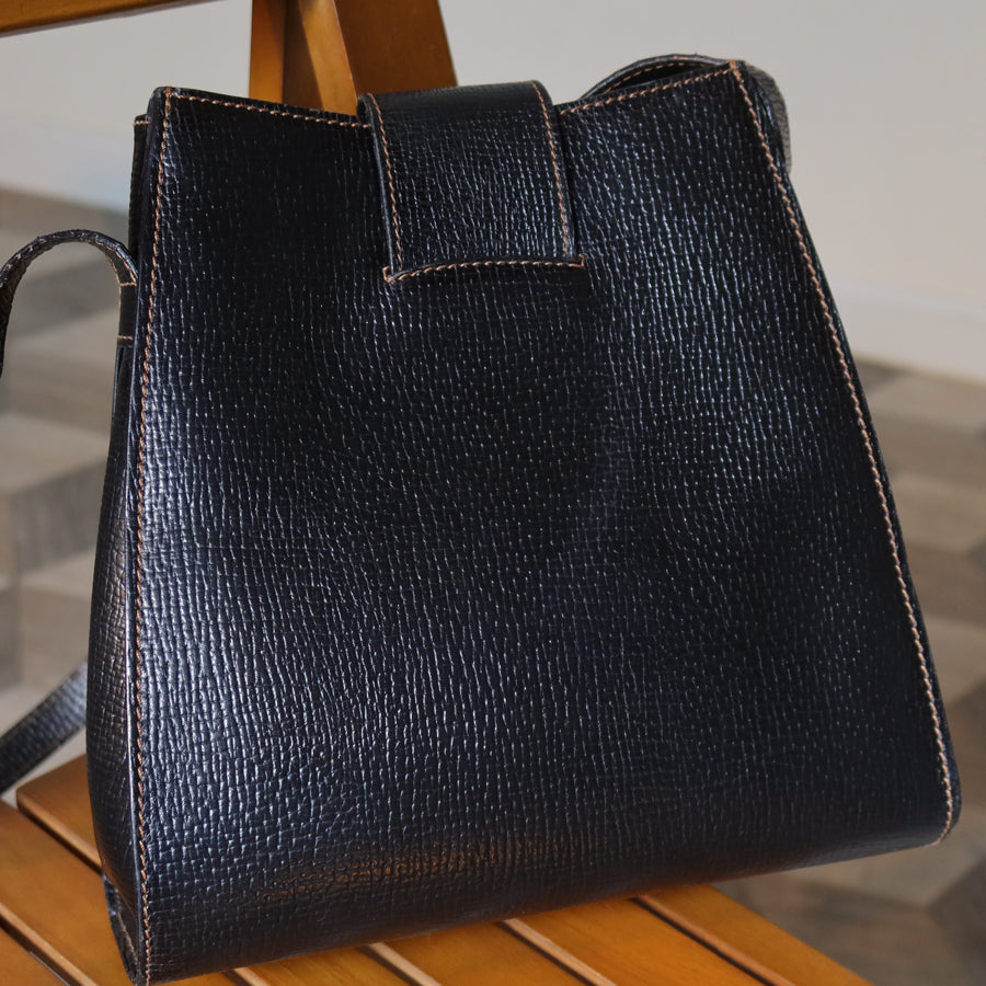 Loewe Vintage Black Grained Leather Twisted Knot Trapezoid Shoulder Flap Bag