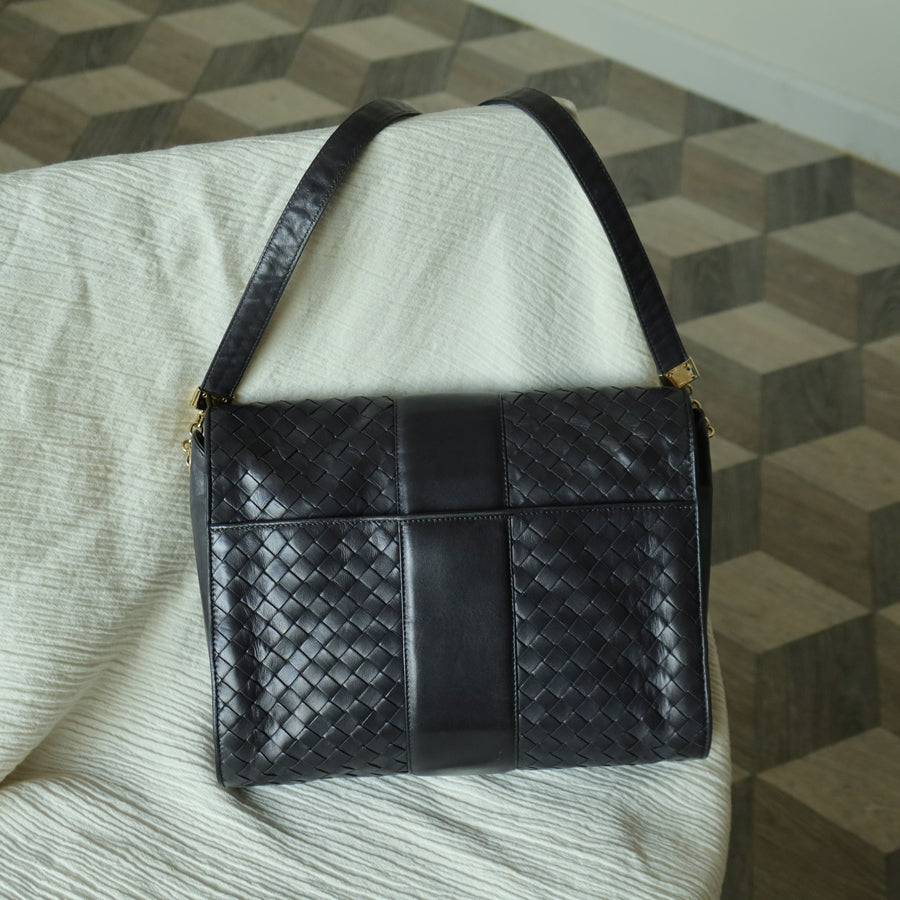 Bottega Veneta Vintage Dusty Navy Intrecciato Leather Turn Lock 2way Flap Bag