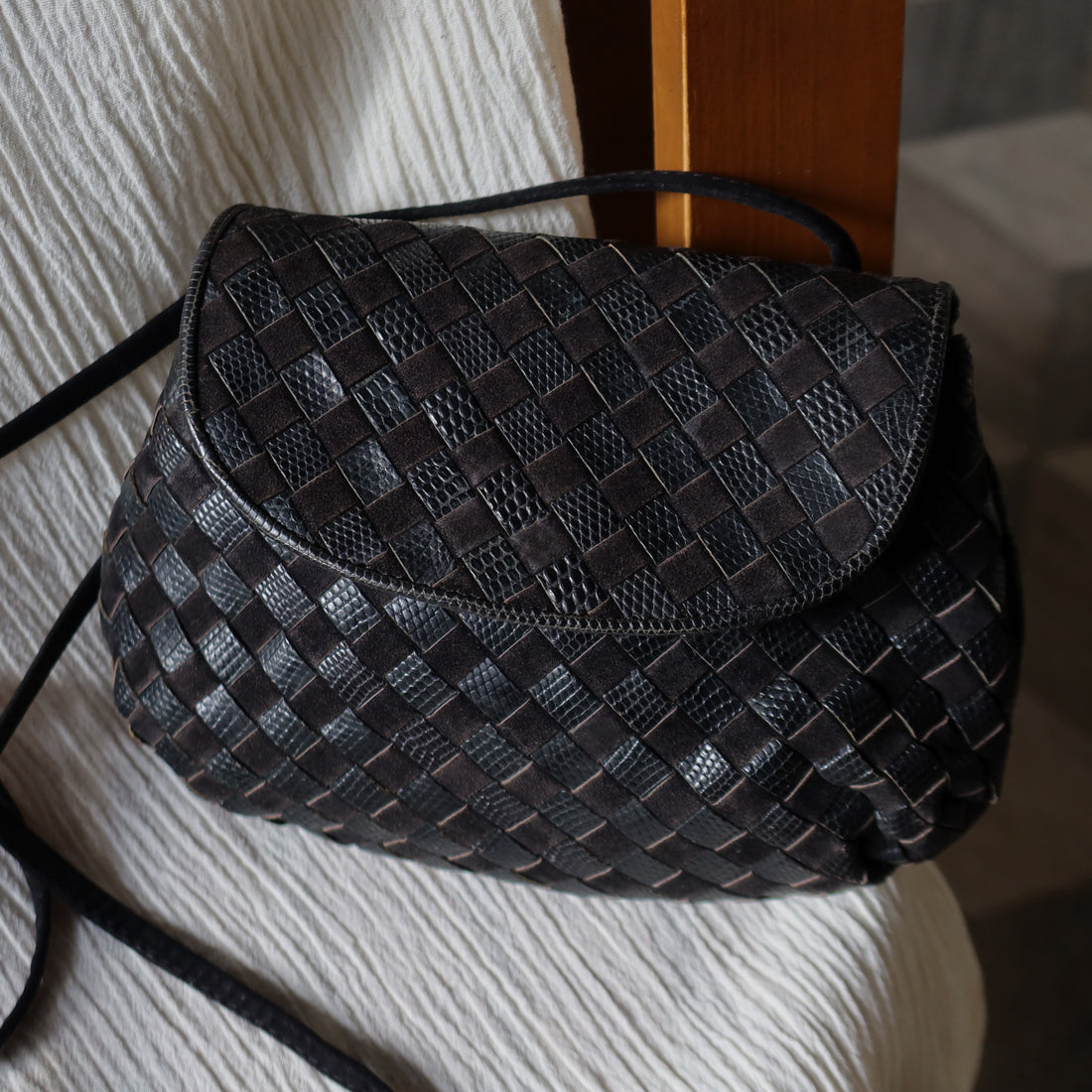 Bottega Veneta Vintage Black Leather Intrecciato Weave Pouch Shoulder Bag