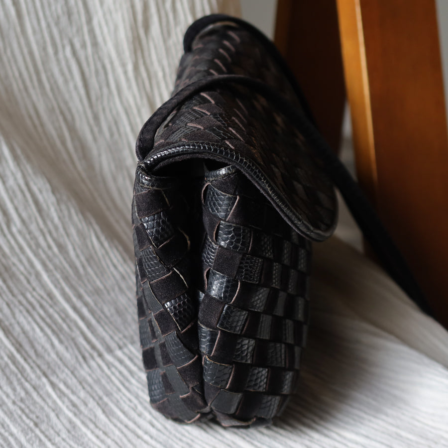 Bottega Veneta Vintage Black Leather Intrecciato Weave Pouch Shoulder Bag