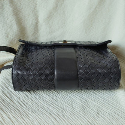 Bottega Veneta Vintage Dusty Navy Intrecciato Leather Turn Lock 2way Flap Bag