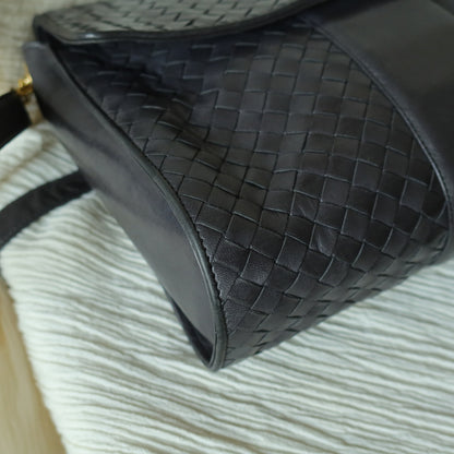 Bottega Veneta Vintage Dusty Navy Intrecciato Leather Turn Lock 2way Flap Bag
