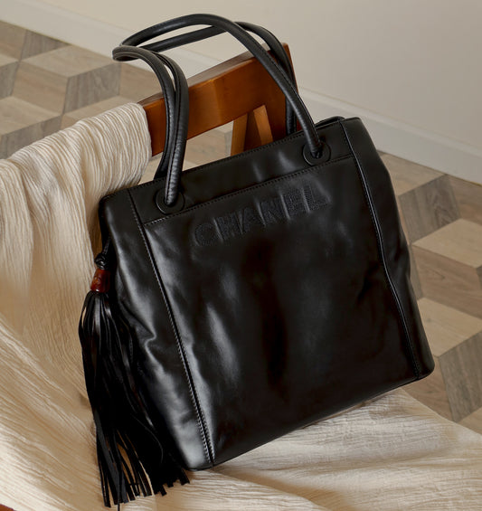 Chanel Vintage Black Leather CC Tassel Shoulder Tote Bag
