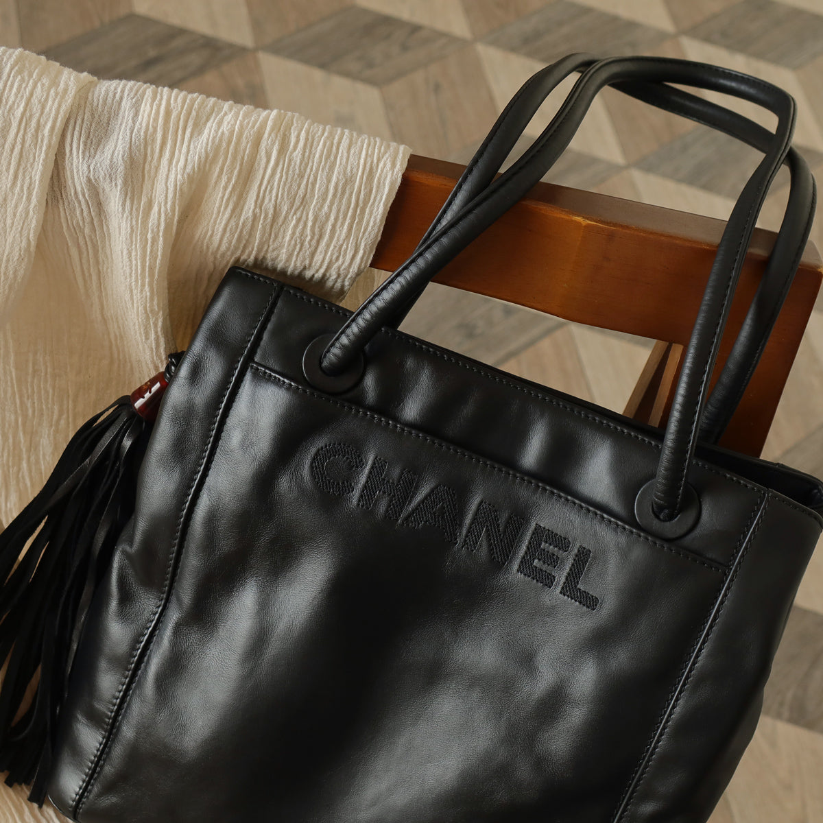 Chanel Vintage Black Leather CC Tassel Shoulder Tote Bag