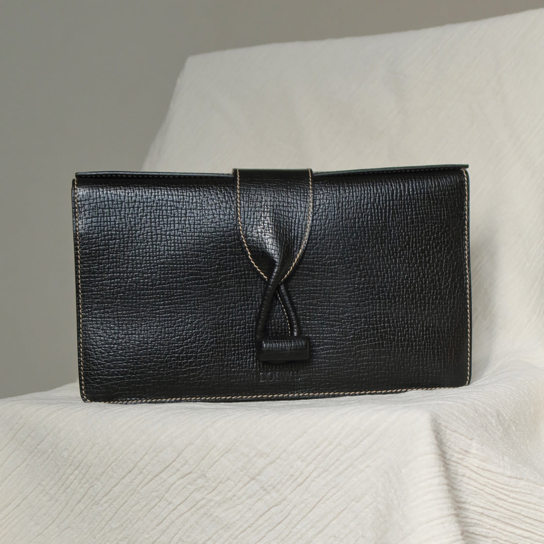 Loewe Vintage Black Grained Leather Twisted Knot Clutch Bag