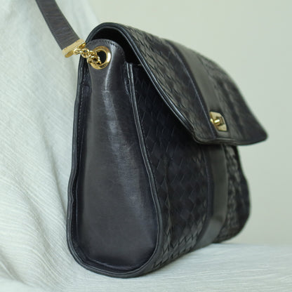 Bottega Veneta Vintage Dusty Navy Intrecciato Leather Turn Lock 2way Flap Bag