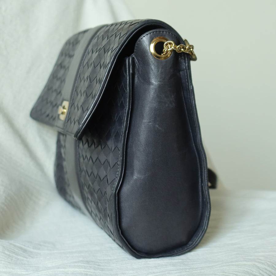 Bottega Veneta Vintage Dusty Navy Intrecciato Leather Turn Lock 2way Flap Bag