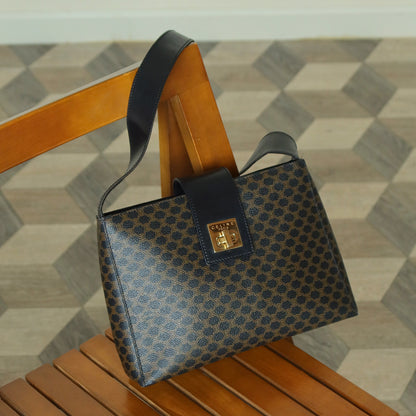 Celine Vintage Black Brown Macadam Triomphe Turn Lock Shoulder Bag
