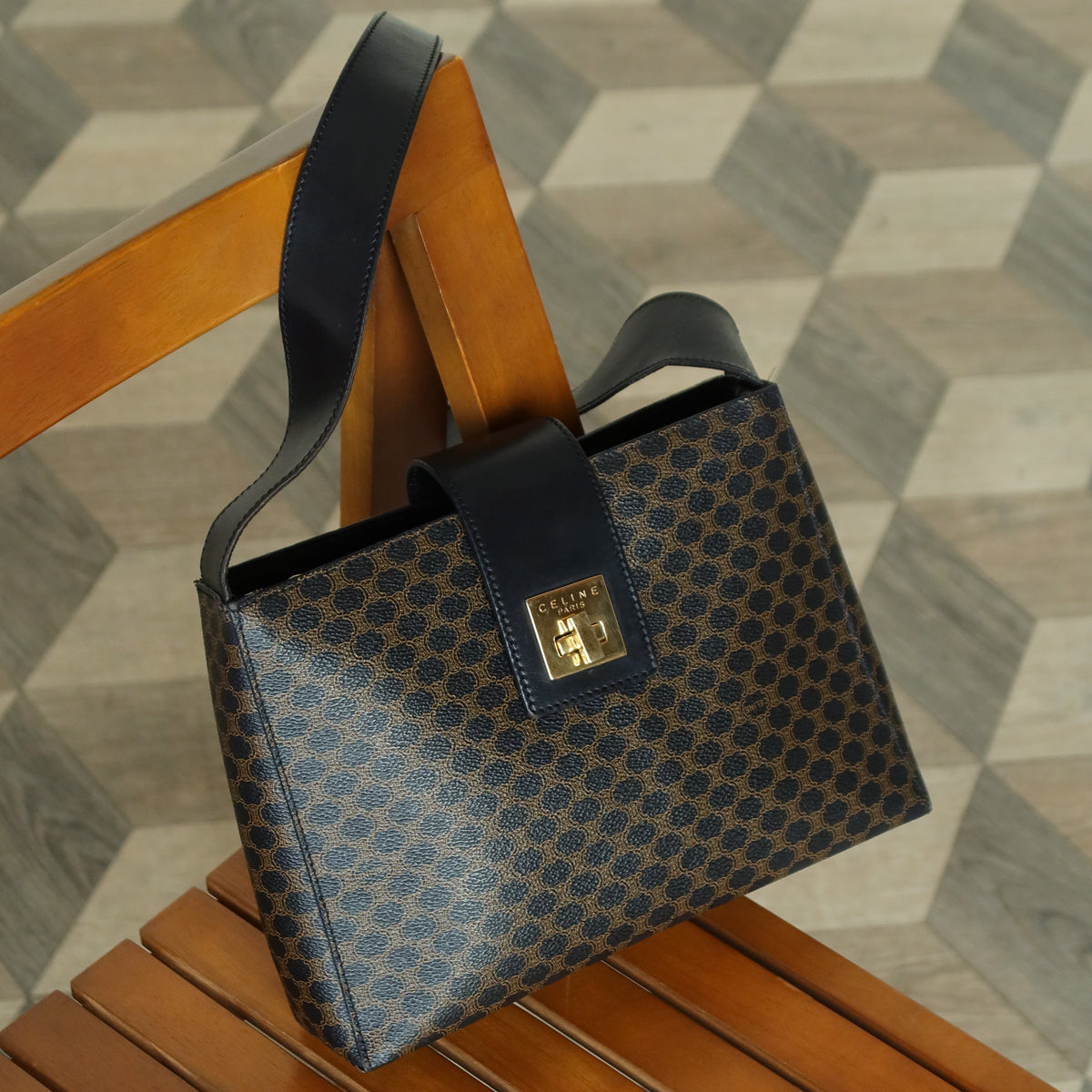 Celine Vintage Black Brown Macadam Triomphe Turn Lock Shoulder Bag
