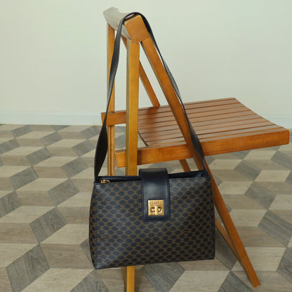 Celine Vintage Black Brown Macadam Triomphe Turn Lock Shoulder Bag