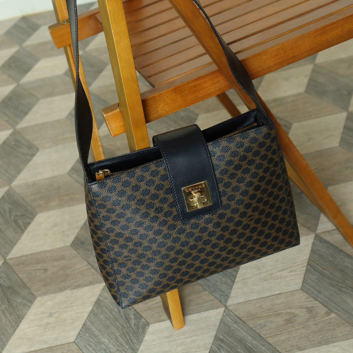 Celine Vintage Black Brown Macadam Triomphe Turn Lock Shoulder Bag