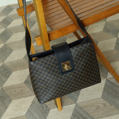 Celine Vintage Black Brown Macadam Triomphe Turn Lock Shoulder Bag