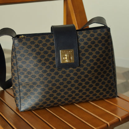 Celine Vintage Black Brown Macadam Triomphe Turn Lock Shoulder Bag