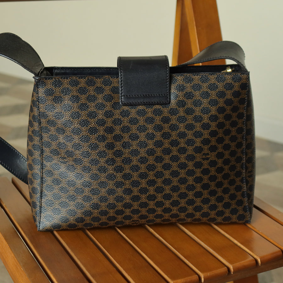 Celine Vintage Black Brown Macadam Triomphe Turn Lock Shoulder Bag