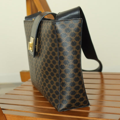 Celine Vintage Black Brown Macadam Triomphe Turn Lock Shoulder Bag