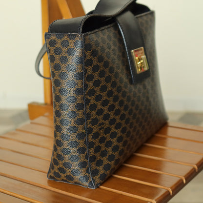 Celine Vintage Black Brown Macadam Triomphe Turn Lock Shoulder Bag