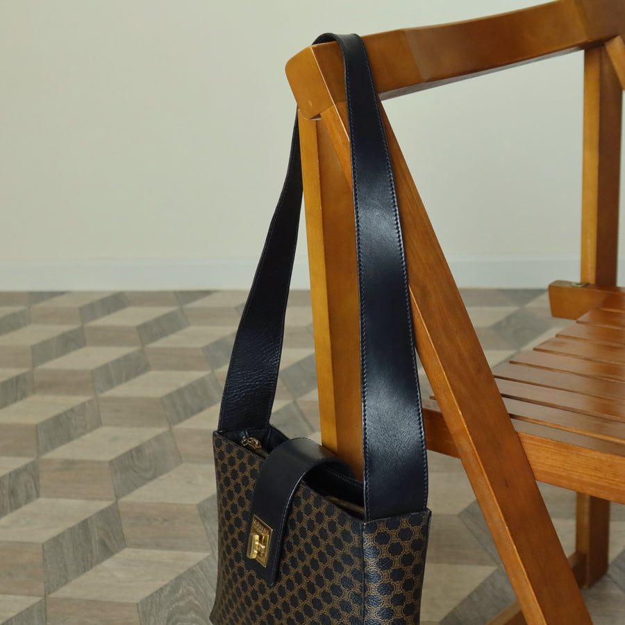 Celine Vintage Black Brown Macadam Triomphe Turn Lock Shoulder Bag
