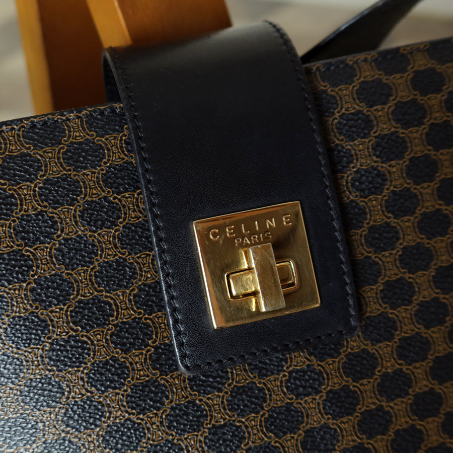 Celine Vintage Black Brown Macadam Triomphe Turn Lock Shoulder Bag