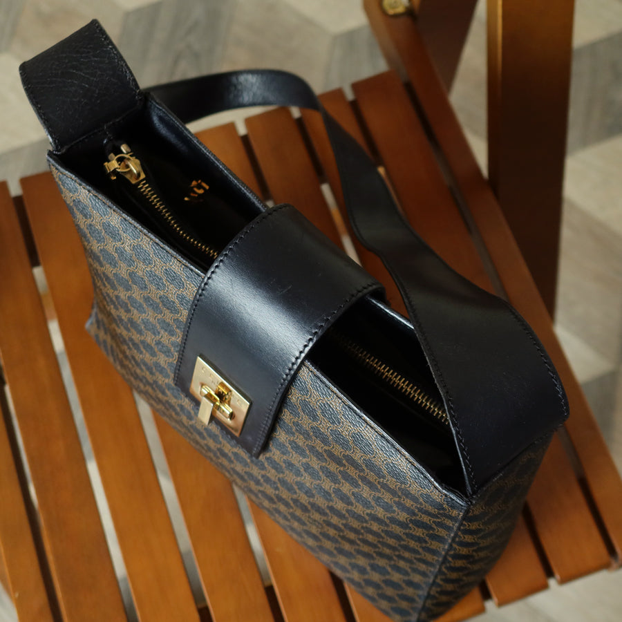 Celine Vintage Black Brown Macadam Triomphe Turn Lock Shoulder Bag