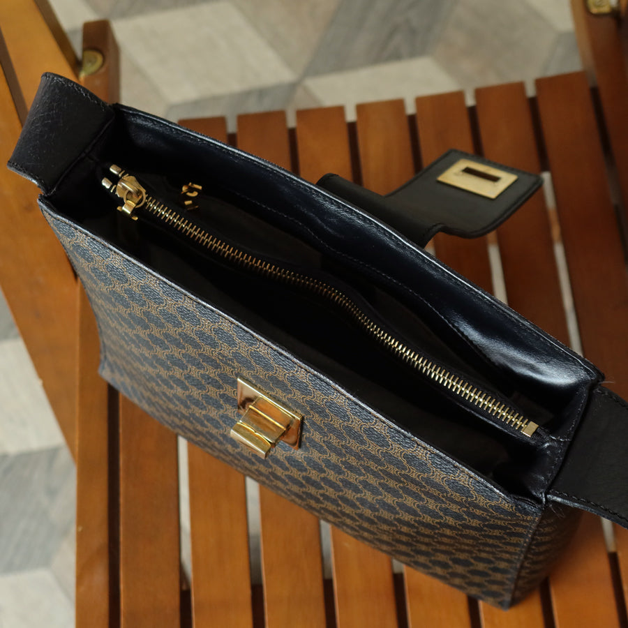 Celine Vintage Black Brown Macadam Triomphe Turn Lock Shoulder Bag