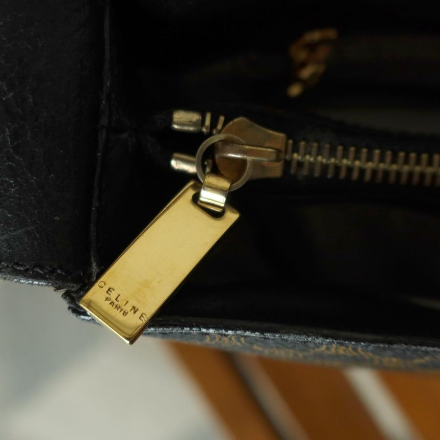 Celine Vintage Black Brown Macadam Triomphe Turn Lock Shoulder Bag