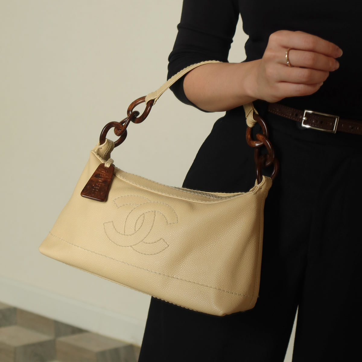 Chanel Vintage Beige Caviar Leather Coco Mark Hobo Shoulder Bag