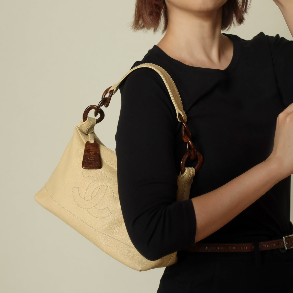 Chanel Vintage Beige Caviar Leather Coco Mark Hobo Shoulder Bag