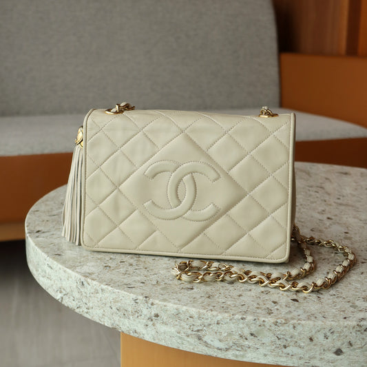 Chanel Vintage Matelasse Quilted Coco mark Light Beige Lambskin Flap Bag