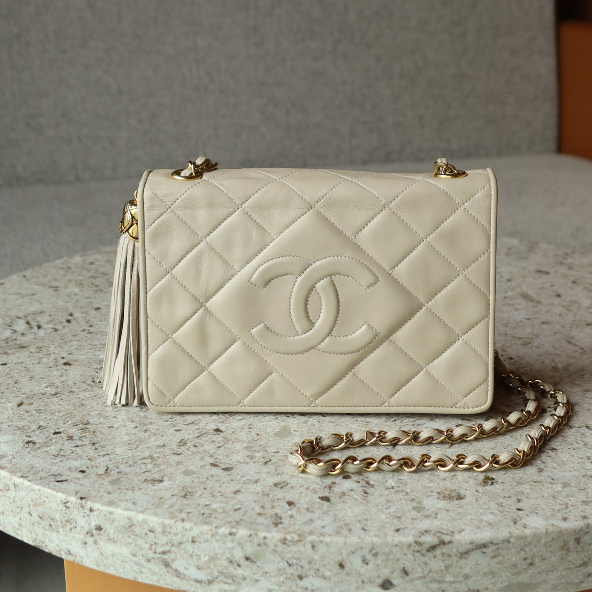 Chanel Vintage Matelasse Quilted Coco mark Light Beige Lambskin Flap Bag