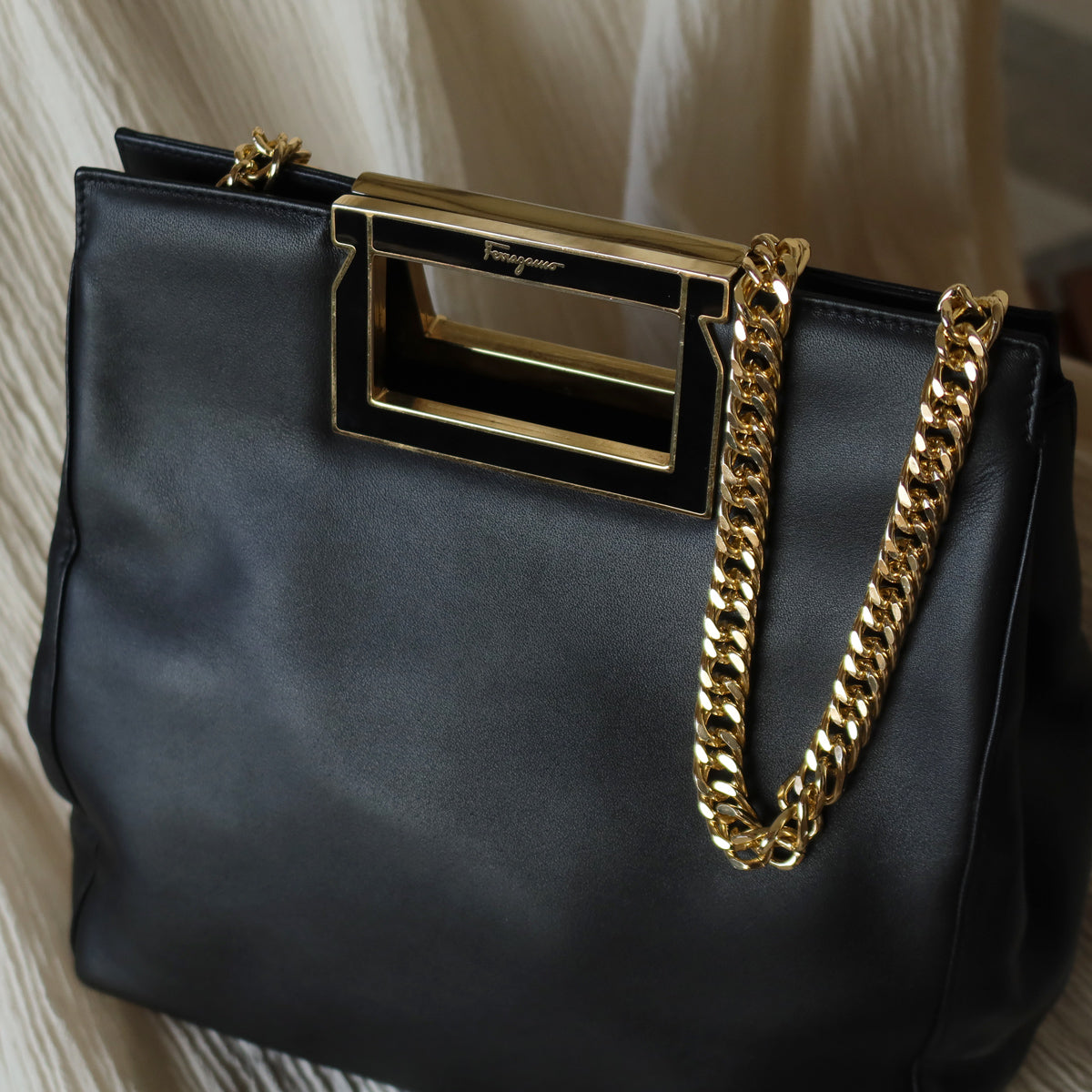 Salvatore Ferragamo Vintage Black Leather 2way Gold Clutch Bag
