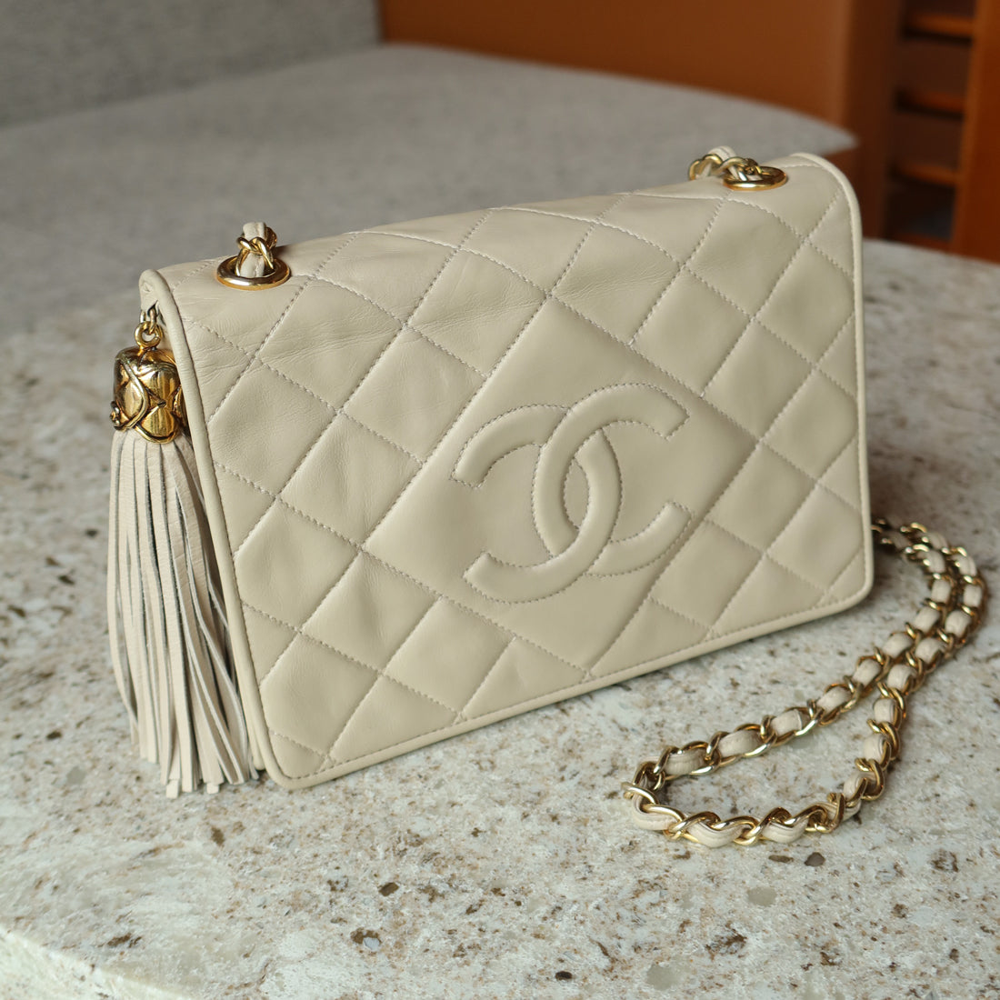 Chanel Vintage Matelasse Quilted Coco mark Light Beige Lambskin Flap Bag