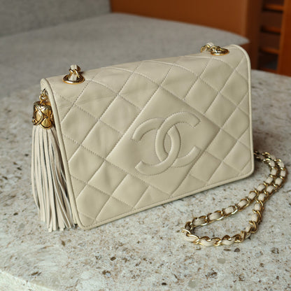 Chanel Vintage Matelasse Quilted Coco mark Light Beige Lambskin Flap Bag