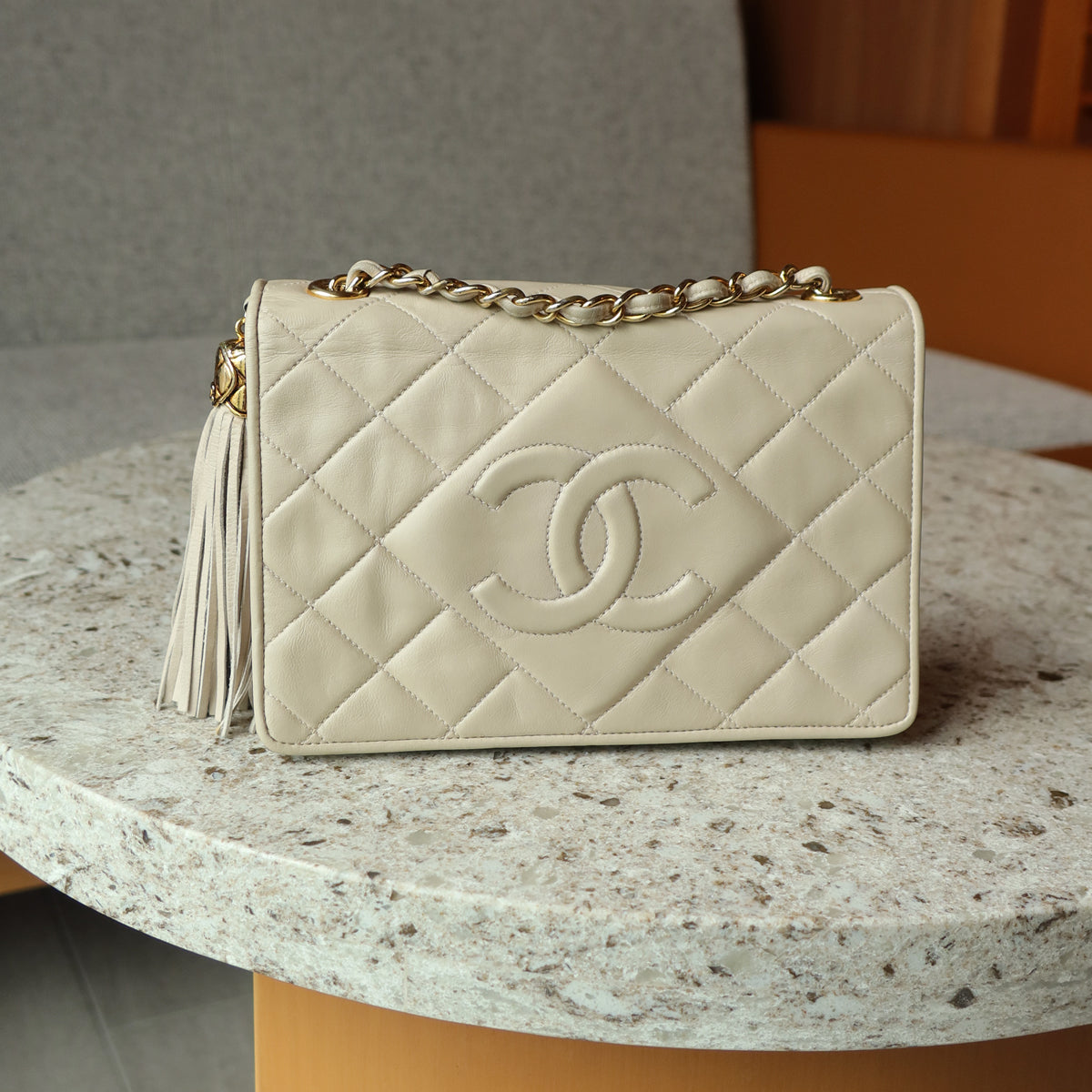 Chanel Vintage Matelasse Quilted Coco mark Light Beige Lambskin Flap Bag