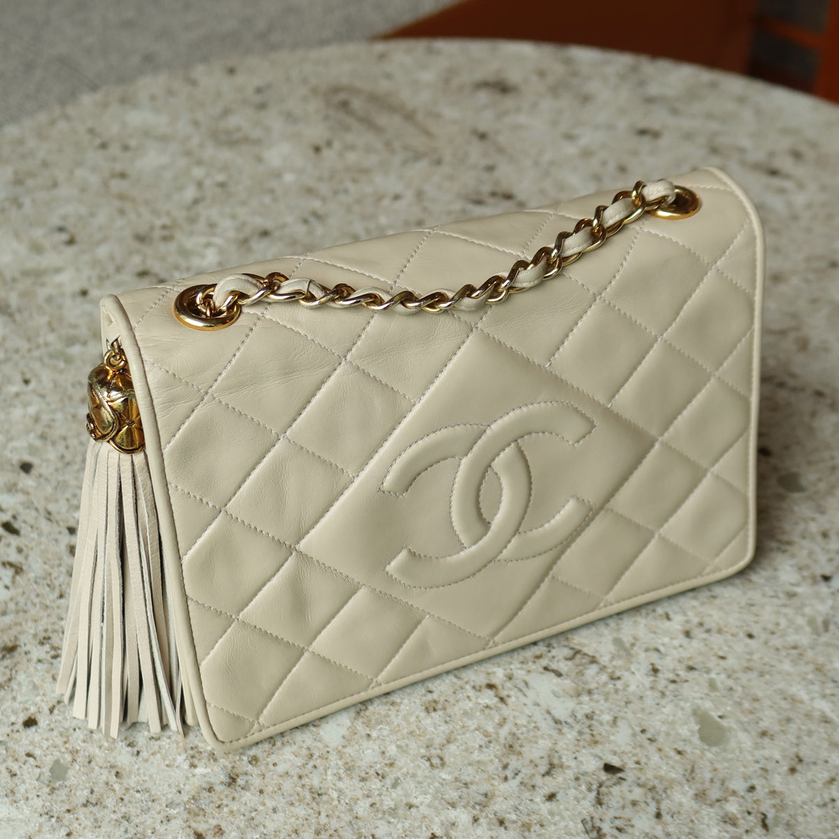Chanel Vintage Matelasse Quilted Coco mark Light Beige Lambskin Flap Bag