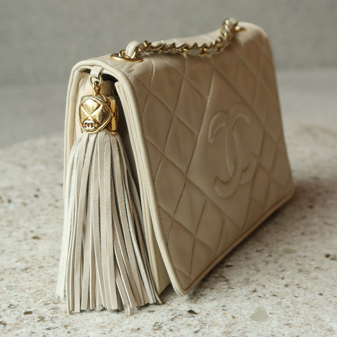 Chanel Vintage Matelasse Quilted Coco mark Light Beige Lambskin Flap Bag