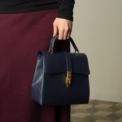 Rare Celine Vintage Dark Blue Gold Turn lock Top Handle Shoulder Flap Bag