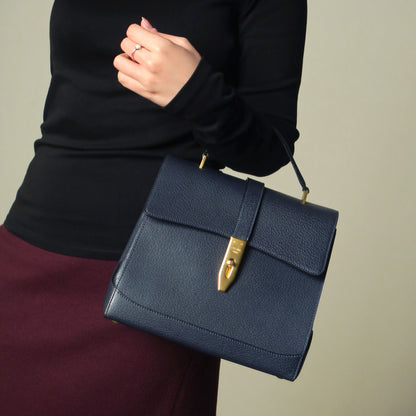 Rare Celine Vintage Dark Blue Gold Turn lock Top Handle Shoulder Flap Bag